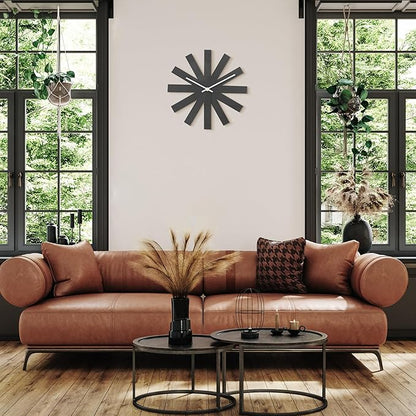 BEW Wall Clock, 14 in Mid Century Modern Wall Clocks Battery Operated, Unique 3D Frameless Black Metal Wall Clock Silent Non Ticking for Kitchen, Bedroom, Office, Outdoor, Living Room Decor