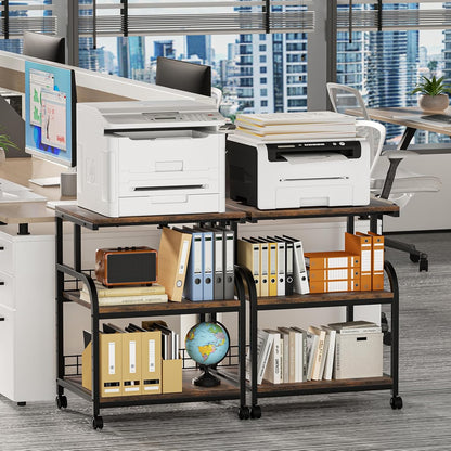 Lerliuo Large Printer Stand with Storage, 23.6"W x 18.9"D x 30.2"H, 5-Adjustable Shelf Heights Mobile 3 Tier Table with Lockable Wheels, Industrial Rolling Printer Cart, Brown Stands for Home Office