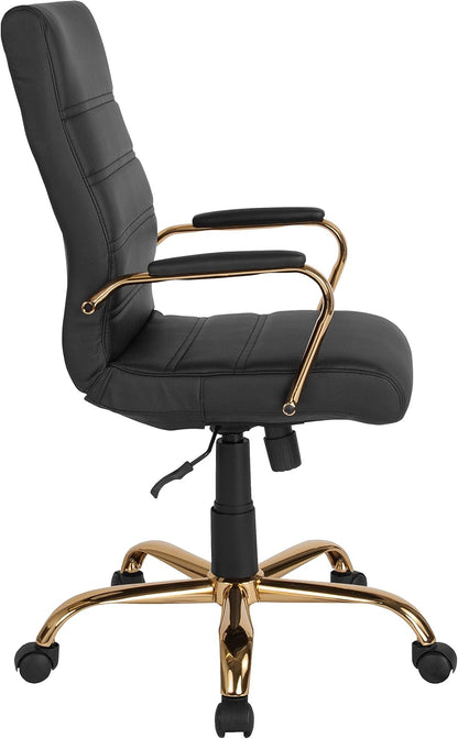 Flash Furniture Whitney High-Back Swivel LeatherSoft Desk Chair with Padded Seat and Armrests, Adjustable Height Padded Office Chair, Black/Gold