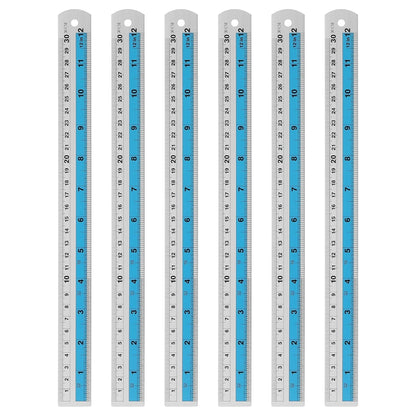 HARFINGTON 6pcs Metal Straight Ruler 30cm Metric SAE Aluminum Alloy Measuring Rulers Scale Tools with Hole for Measure Study Reading Classroom Office, Blue