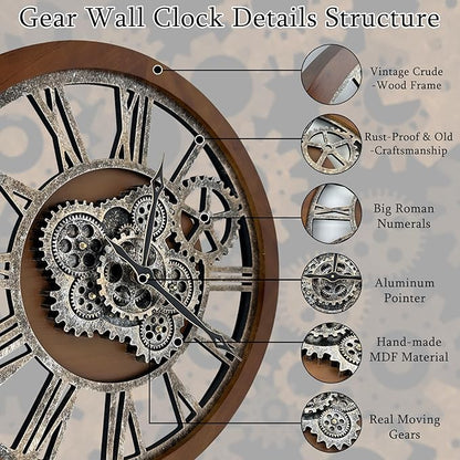 HOIBAI Clocks for Living Room Decor, Large Wall Clock 24 in (60cm) Clocks Wall Decor, Moving Gear Wall Clock, Farmhouse Vintage Industrial Oversized