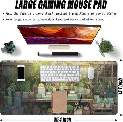 Desk Mat, Cute Lofi Green Extended Large Gaming Mouse Pad for Desk XXL, Non-Slip Rubber Base Stitched Edges Waterproof Long Computer Keyboard Desk Pad Mouse Mat for Home Office Gaming 35.4"X15.7"