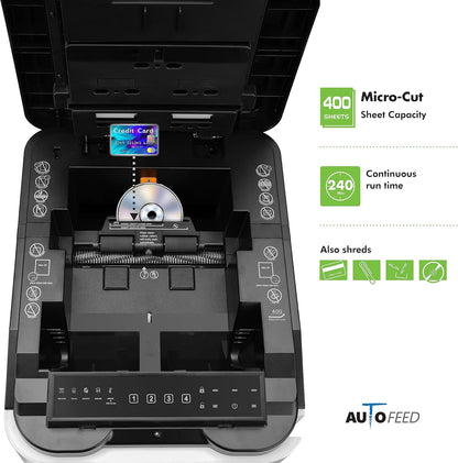 Aurora Commercial Grade 400-Sheet Auto Feed High-Security Micro-Cut Paper Shredder/ 240 Minutes/Security Level P-5