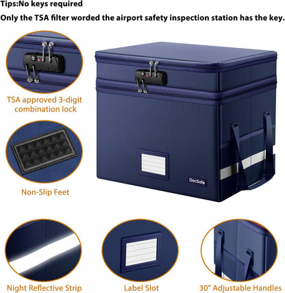 DocSafe File Box with Lock,Multi-Layer Fireproof Document Box Collapsible File Storage Organizer with Pockets/Handle,Large Portable Home Office Filing Safe for Hanging Letter/Legal Size Folders,Blue