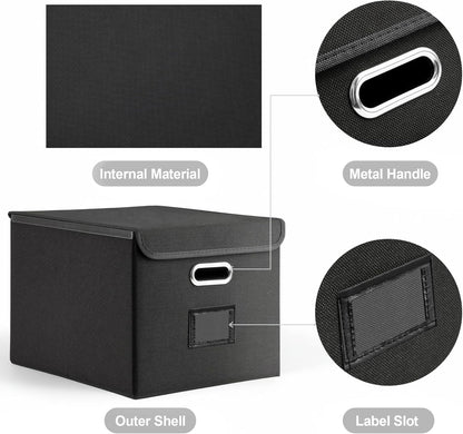 File Organizer Box, Linen Filing Organizer with Lid, Large Desktop File Boxes, Black