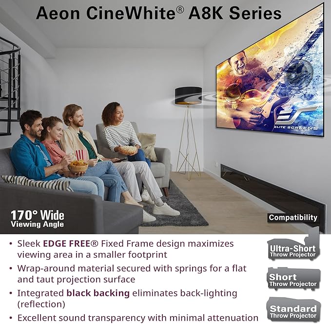 Elite Screens Aeon CineWhite A8K Wide, 158-INCH DIAG, 2.35:1 Aspect Ratio, Acoustically Transparent Perforated Weave, AR158CA8K-WIDE