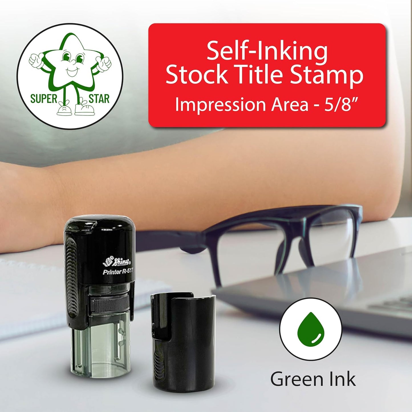 Shiny Superstar Teacher Stamp, Round Self Inking Stamp for Classroom, Green Ink