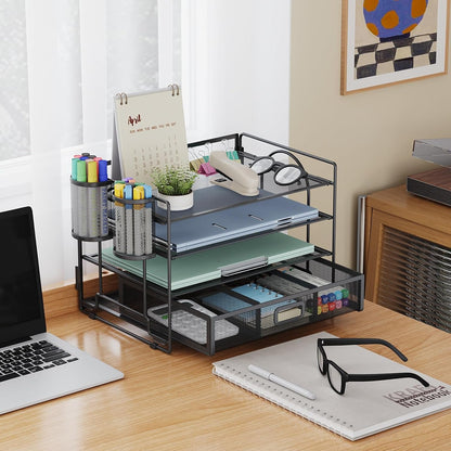 Marbrasse Desk Organizer and Accessories4-Tier Paper File Letter Tray Accessories & Workspace Desk Organizers with Drawer and 2 Pen Holders for School Home Office Supplies (Black)
