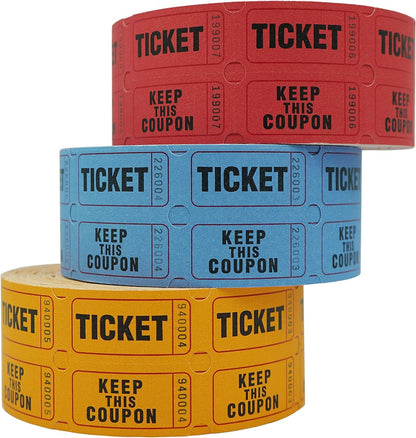 DNB 3000 Pairs Raffle Tickets - 3 Color Set of 1000 2 x 2 Inch 50/50 Double Roll Raffle Tickets - Red/Blue/Orange