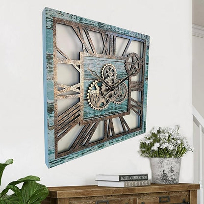 ImprovingLife The Gears Clock 24'' Inch Square Real Moving Gear Wall Clock Vintage Industrial Oversized Rustic Farmhouse (Aqua Green)