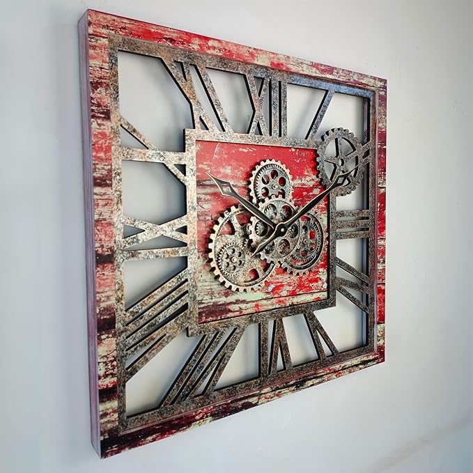 ImprovingLife The Gears Clock 24'' Inch Square Real Moving Gear Wall Clock Vintage Industrial Oversized Rustic Farmhouse (Red Lava)
