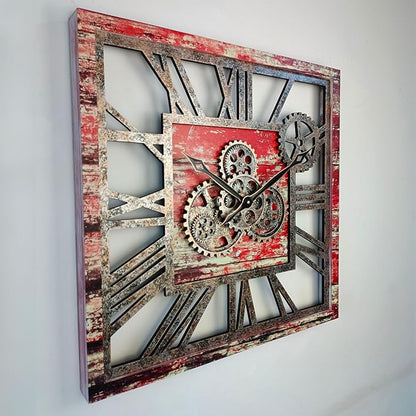 ImprovingLife The Gears Clock 24'' Inch Square Real Moving Gear Wall Clock Vintage Industrial Oversized Rustic Farmhouse (Red Lava)