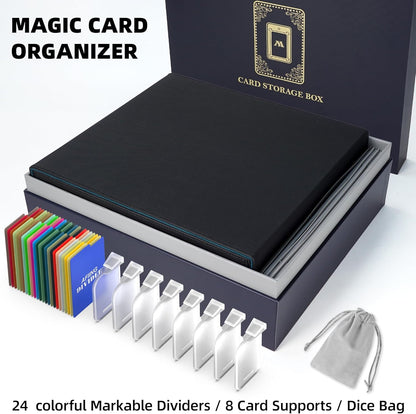 AFIING Trading Card Storage Box 6000+ Capacity – DIY Toploader Case w/ 24 Dividers & 8 Supports, Fits 3x4 Rigid Card,Deck Box for MTG TCG Sports Cards– Black & Cyan