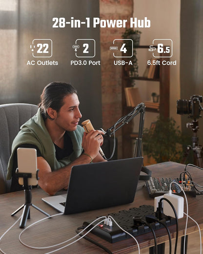 Surge Protector Power Strip, SUPERDANNY Charging Station 22 Outlets with 45W Type-C Fast Charging USB Ports, 4 USB-A, 2 USB-C, 2100J, 15A/1875W, 6.5Ft Flat Plug Extension Cord for Home Streaming Black