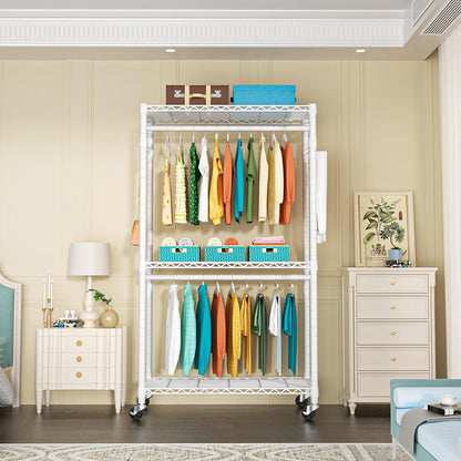 P1 Heavy Duty Garment Rack, 3 Tiers Adjustable Rolling Metal Closet Organizer with Lockable Wheels, FreeStanding Wardrobe with Double Hanger Rods & 1 Pair Hooks, Max Load 450 LBS, White