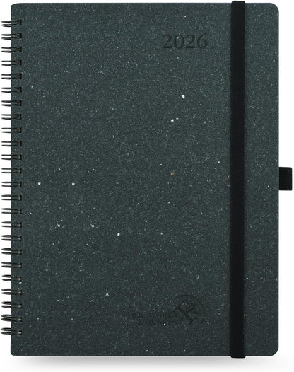 POPRUN 2026 Planner - 2026 Recycled Weekly Planner [Italian Regenrated Leather - Medium Size 6.5'' x 8.5''] - 2026 Weekly Planner with Hourly Schedule, Monthly Tabs-26-WERO7-BGY - Black Grey