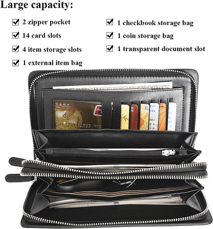 Leather Men Clutch Bag Long Wallet Purse Card Holder Case Business Large Clutch with Double Zip Handbag