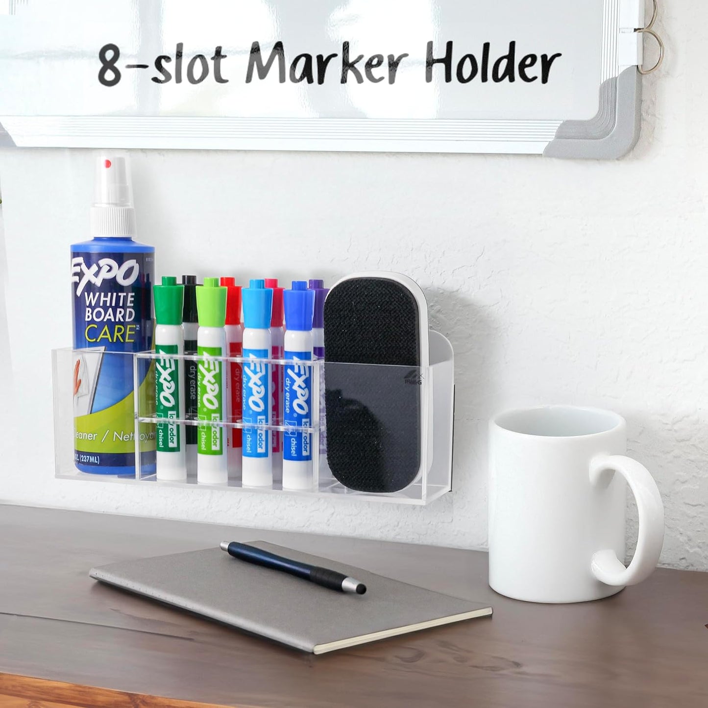 Strong Magnetic Dry Erase Marker Holder for Whiteboard, 8-Slot Acrylic Pen Organizer with Glass and Wall Mount Accessories for Fridge, Office, and Classroom. Markers, Eraser, Cleaner Not Included