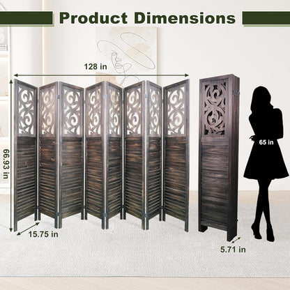 NicBex 8 Panel Room Divider 5.6FT Wood Carved Room Dividers, Folding Privacy Screens Portable Freestanding Partition Wall Dividers for Home Bedroom Office, Rustic Brown