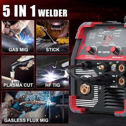 AWT MIG Welding Machine,160A 5 in 1 Plasma Cutter Welder Combo HF TIG/Gas MIG/Flux MIG/Stick Welding,110/220V Dual Voltage, Multi-Process Welder MIG88-160M