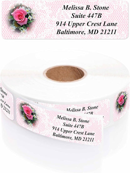 Romantic Rose Designer Rolled Address Labels with Elegant Plastic Dispenser