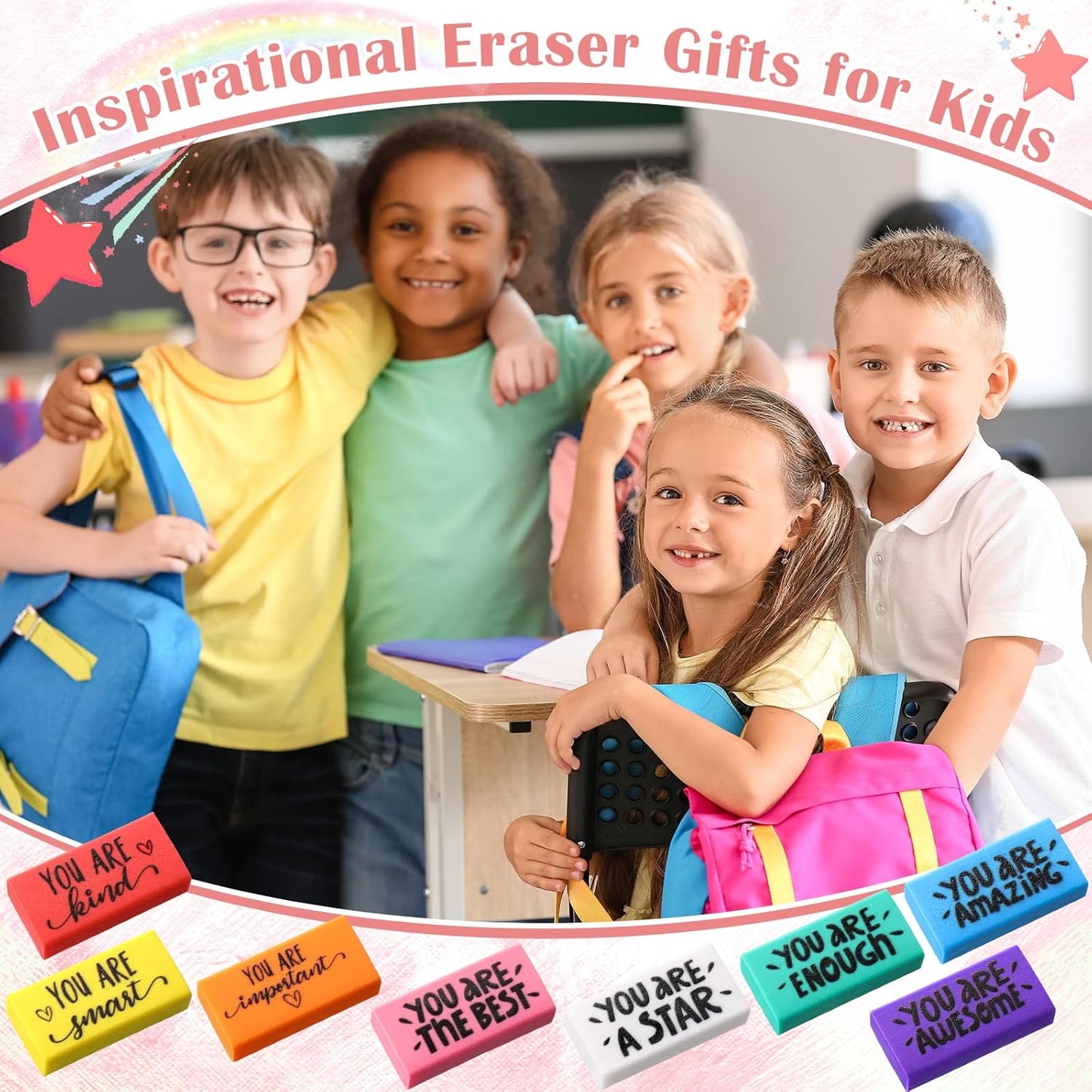 PerKoop 150 Pcs Inspirational Erasers Bulk Back to School Gifts Colorful Motivational Pencil Erasers for Kids First Day of School Favors for Students Teachers Classroom Office Supplies