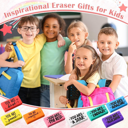 PerKoop 150 Pcs Inspirational Erasers Bulk Back to School Gifts Colorful Motivational Pencil Erasers for Kids First Day of School Favors for Students Teachers Classroom Office Supplies