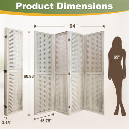 NicBex Room Divider 4 Panel Pegboard Display 5.6FT Wood PegBoard Room Dividers, Folding Privacy Screens Portable Display Board Wall Divider for Craft/Art Shows, Room Separation, Natural Wood