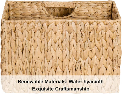 StorageWorks Hand-Woven Divided Magazine Basket, Rattan Magazine Holder, Natural Wicker Magazine Rack for Bathroom, Office, Water Hyacinth, 1 Pack