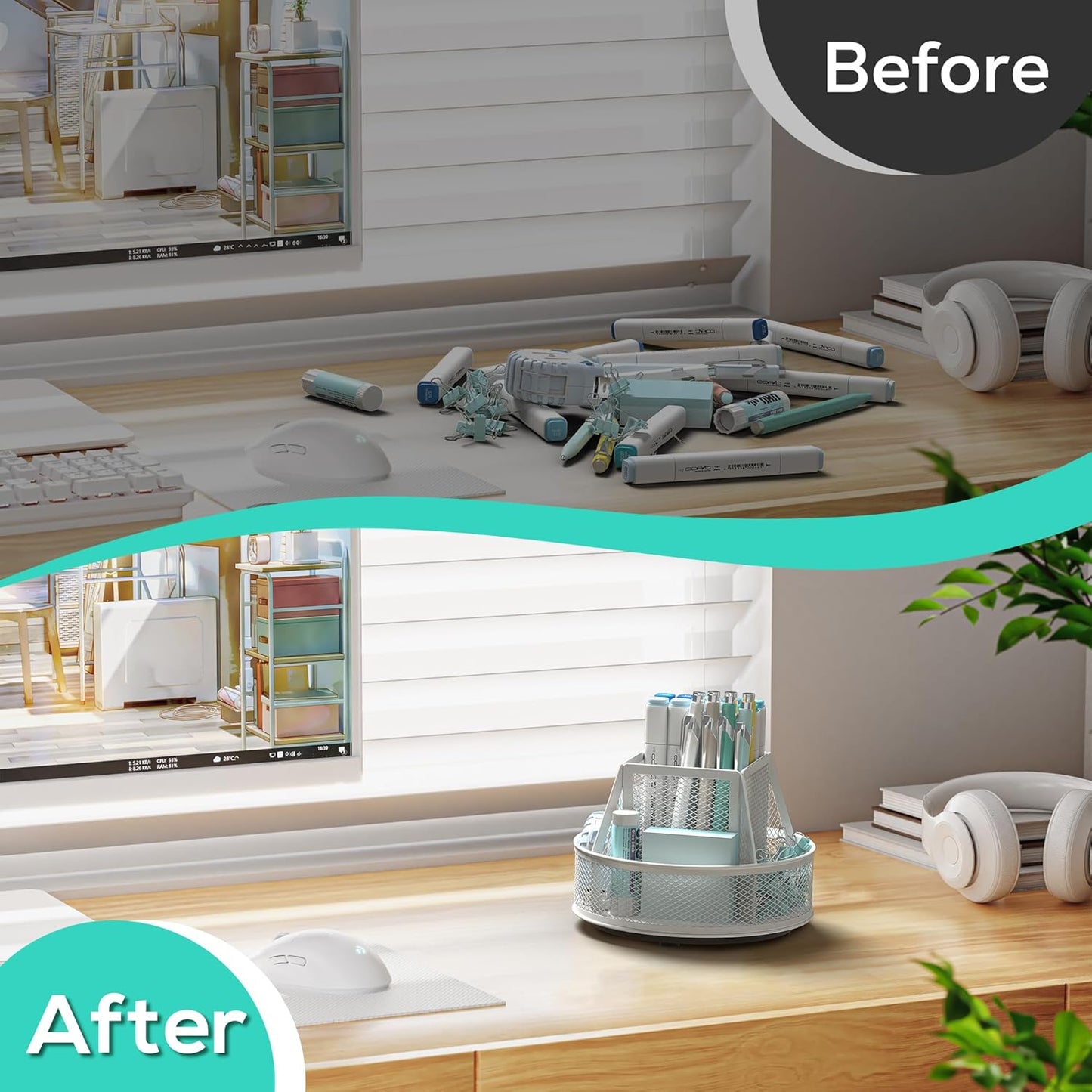 YINGHUA Metal Mesh Desk Organizer with 5 Compartments and Rotating Pencil Holder Pen and Stationery Organizer for Office Home School Anti Slip Base White