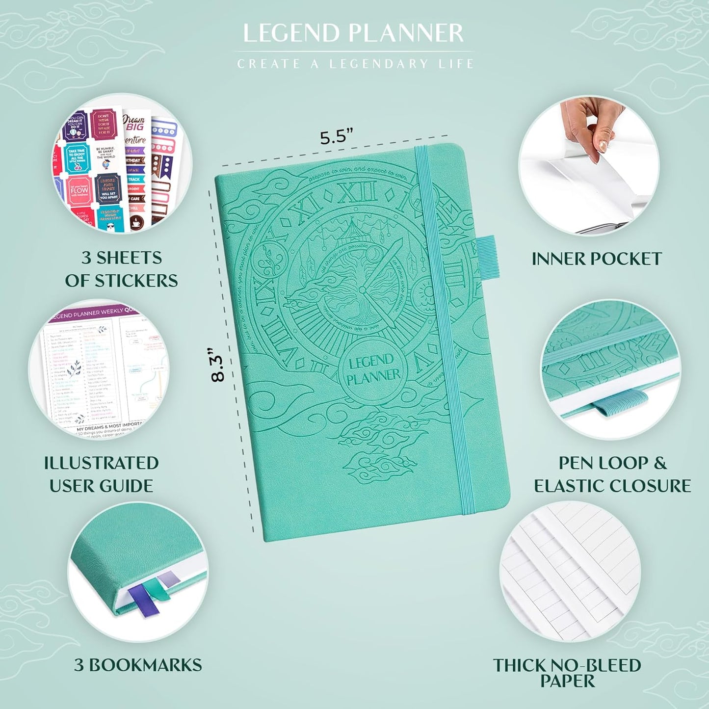 Legend Planner – Weekly & Monthly Life Planner to Hit Your Goals & Live Happier. Organizer Notebook & Productivity Journal. A5 (Aquamarine)