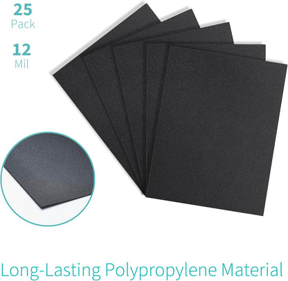 Binditek 25 Pack 12 Mil Sand-Textured Polycover, Midweight Binding Front and Back Covers, Lightly Sanded Finish, 8-1/2" x 11", Square Corners, Un-Punched, Black, Office Supplies