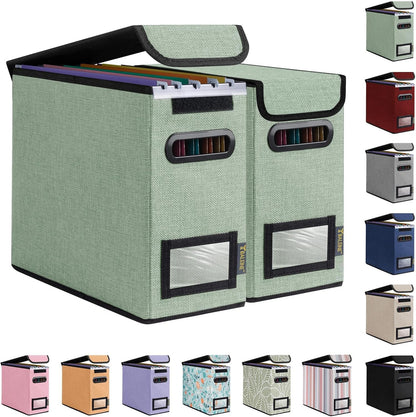 BALEINE File Organizer Box with Lid, Collapsible File Folder Organizer with Plastic Slide, Hanging File Folder Box for Office Document Storage (2 Pack, Green, S)