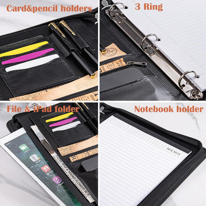 Calfinder 3 Ring Portfolio Binder,PU Leather Padtfolio Binder with Zipper,Padfolios for Women&Men,Professional Business Portfolio Organizer for Resume/Interview, A4 Letter Document Organizer