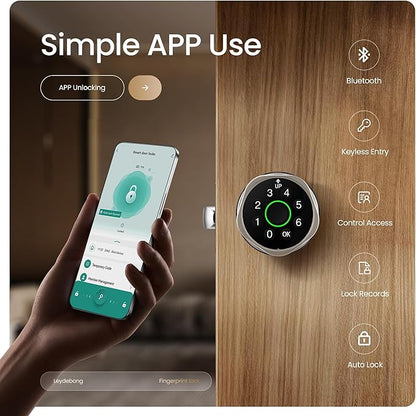 Leydebong 4-in-1 Smart Door Lock with Fingerprint and Keypad - Keyless Entry Electronic Lock with App and Mechanical Key - Easy Installation Smart Door Knob in Satin Nickel