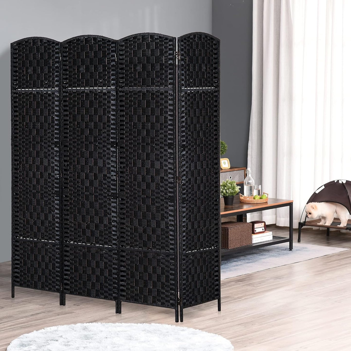 HOMCOM Room Divider 4 Panels Folding Privacy Screen 6FT Tall Portable Wicker Weave Partition Wall Divider for Bedroom Home Office, Black