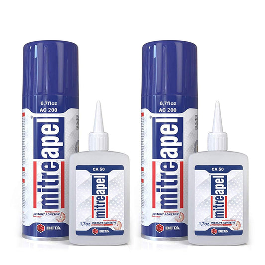 MITREAPEL Ca Glue with Activator (2 x 1.7 oz - 2 x 6.7 fl oz), Cyanoacrylate Super Glue for Plastic, Glass, Leather, Ceramic, Woodworking, DIY, 3D Printing - Instant Bond - 2 Pack