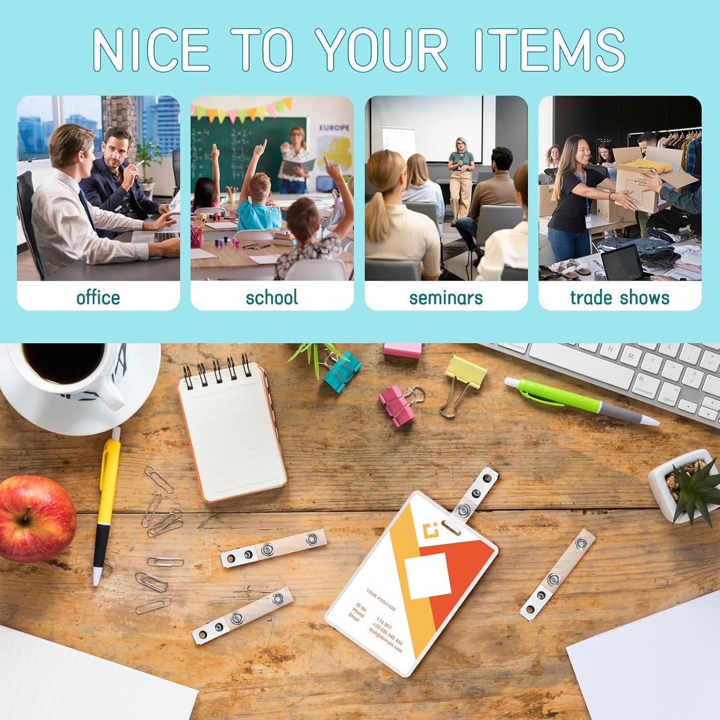 100Pcs Premium Metal Badge Clips with Clear PCV Straps, for ID Cards, Badge Holders, Name Tags, Work Badges