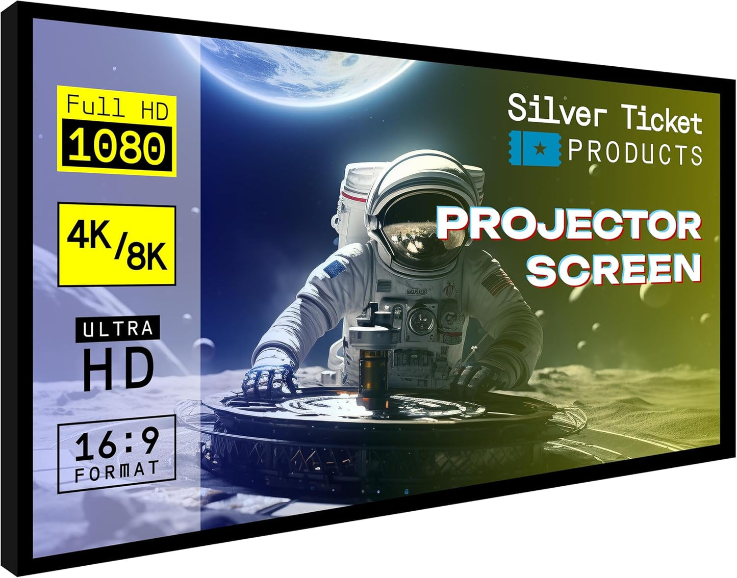 Silver Ticket Products STR Series 6 Piece Home Theater Fixed Frame 4K / 8K Ultra HD, HDTV, HDR & Active 3D Movie Projection Screen, 16:9 Format, 165" Diagonal, Woven Acoustic Material STR-169165-WAB