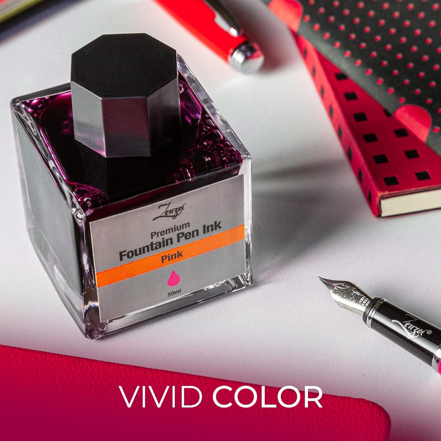 ZenZoi Fountain Pen Ink Bottle 50ml | Premium Designed Bottled Ink for Fountain Pens – Suitable for Calligraphy and All Branded Pens | Quick Drying and Smooth Flow Writing Experience (Pink)