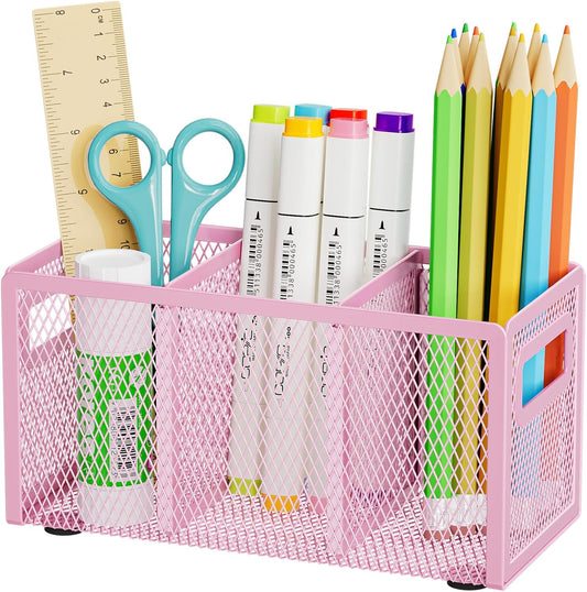 Marbrasse Mesh Pen Holder for Desk,Pencil Holder Desk Organizer 3 Adjustable Compartments,Pencil Cup with Handle Perfect for Classroom, Office, Home,Makeup,Art (Pink)
