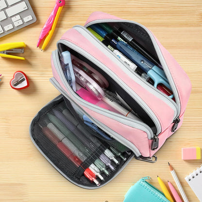 XQXA Pencil Pouch Cute Large Pencil Case Organizer, Multifunctional Big Capacity Pencil Pouch with 3 Compartmens, aesthetic school supplies Pencil Bag for Office Travel Men Women (01-Cherry Pink)