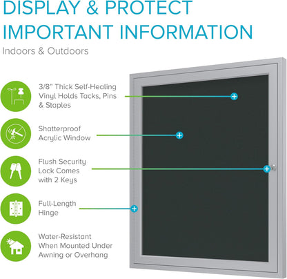 Ghent 36"x30" 1-Door Outdoor Enclosed Vinyl Bulletin Board, Shatter Resistant, with Lock, Satin Aluminum Frame - Ebony (PA13630VX-183), Made in the USA