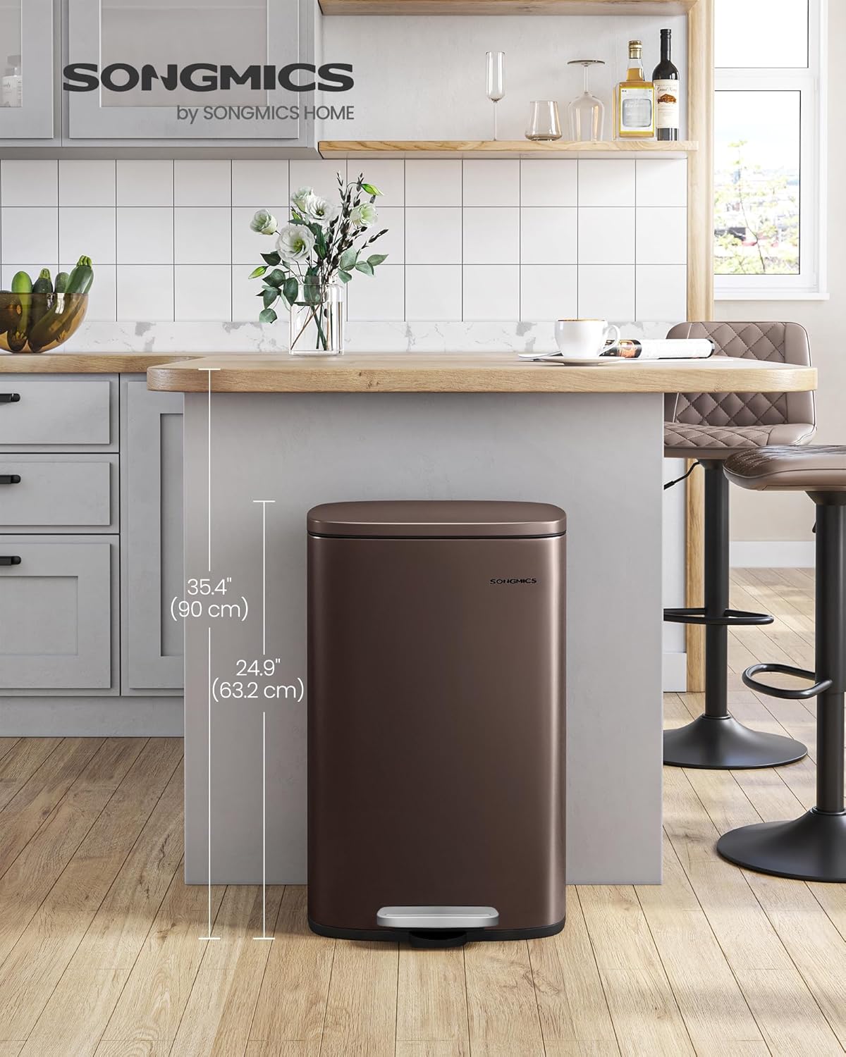 SONGMICS 13 Gallon (50 L) Trash Can, Stainless Steel Kitchen Garbage Can, Recycling or Waste Bin, Soft Close, Step-On Pedal, Removable Inner Bucket, Brown ULTB50BR