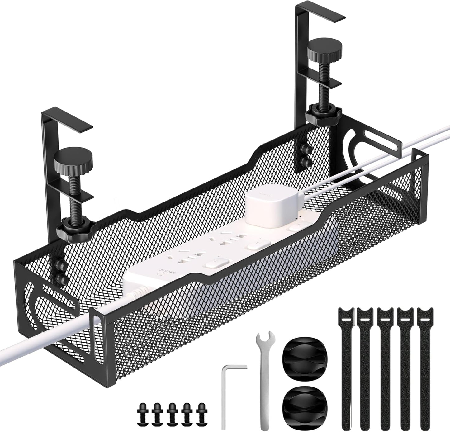 Under Desk Cable Management Tray, No Drill Mesh Desk Cable Tray, Wire Management Tray Cable Management Rack, Wire Organizer and Cable Management Box (Black)