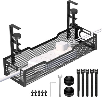 Under Desk Cable Management Tray, No Drill Mesh Desk Cable Tray, Wire Management Tray Cable Management Rack, Wire Organizer and Cable Management Box (Black)