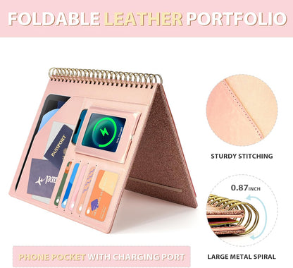 Clipboard with Storage for Men Women, Leather Padfolio Portfolio Organizer 5 Folders with 10 Pockets, Spiral Clipboard Folio with Notepad for Letter Size, Elastic Closure and Pen Loop Rose Gold