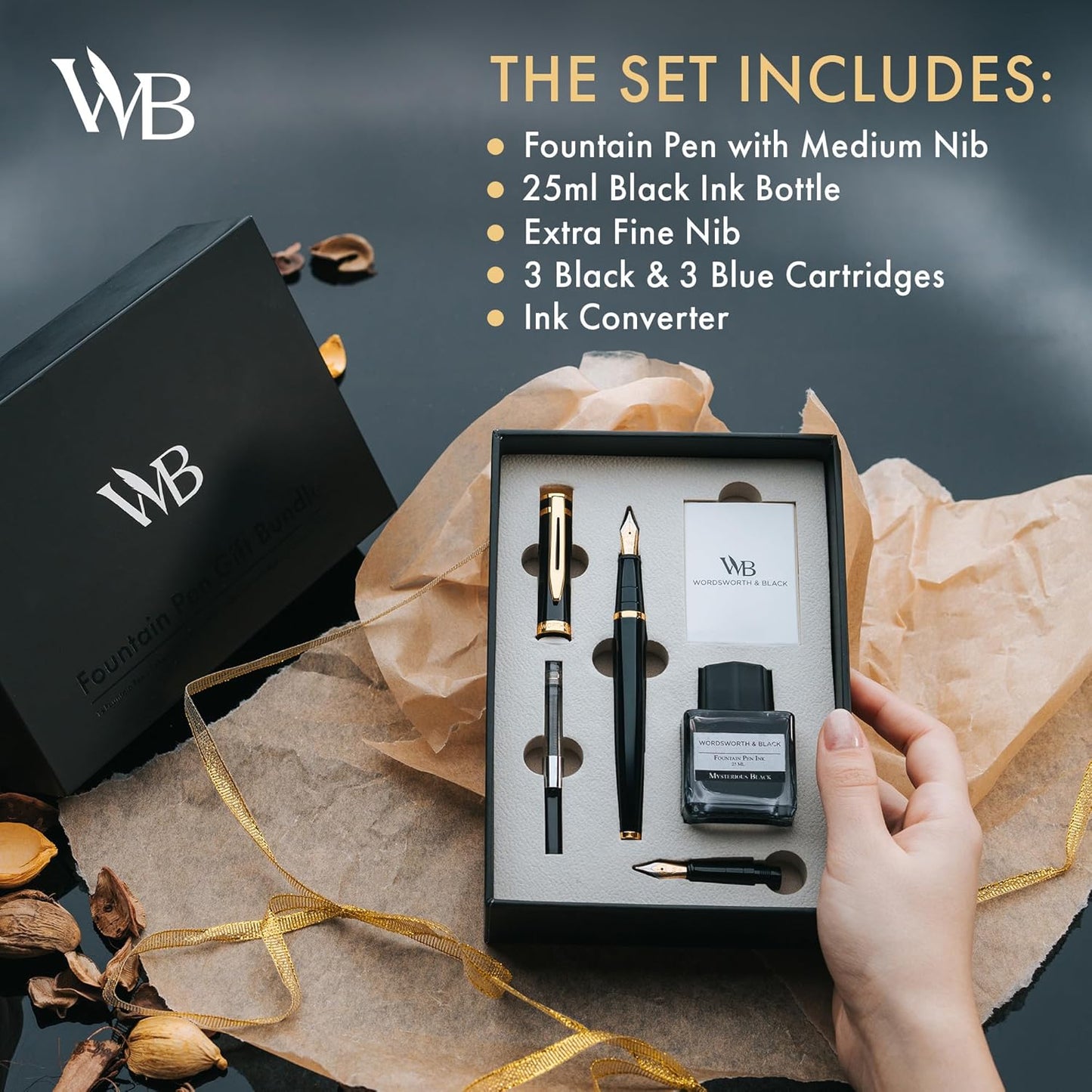 Wordsworth & Black Fountain Pen Set,18K Gilded Medium and Extra Fine Nib,25MLBlack Ink Bottle,6 Ink Cartridges,Refill Converter,Gift Box,Smooth Writing Pens [Black Gold],Gift Set for Men and Women