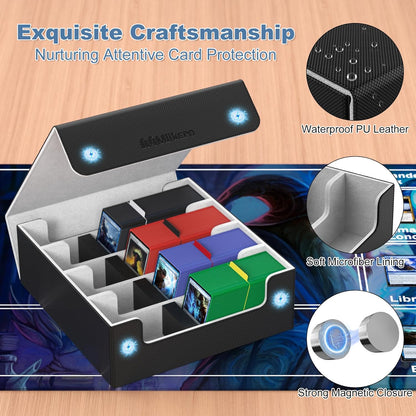 Mlikero Card Deck Case, 2400+ Trading Card Storage Box with 10 Colorful Dividers and 4 Foam Stoppers, Leather Magnetic Closure Commander Deck Box Fit for MTG, TCG (4 Rows, Black&Grey)