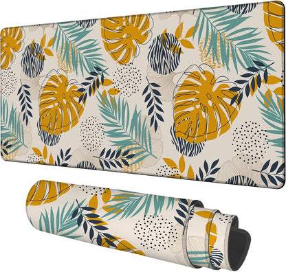 Large Mouse Pad Palm Leaves Gaming Desk Pad Computer Keyboard Non-Slip Waterproof Mouse Mat with Rubber Base and Stitched Edges Entertainment Office Writing Desk Mat 35.4 x 15.7 Inches